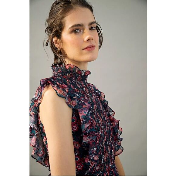 NEW Anthropologie Ranna Gill Katya Ruffled Smocked Floral Mini Dress Medium - Picture 2 of 4